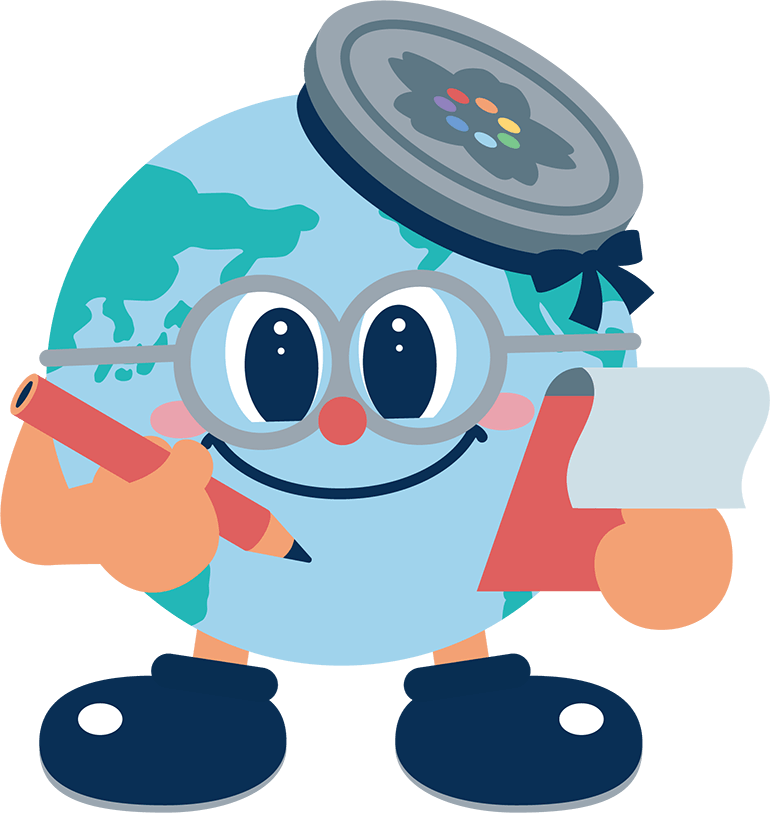 アース君 取材勉強するポーズ